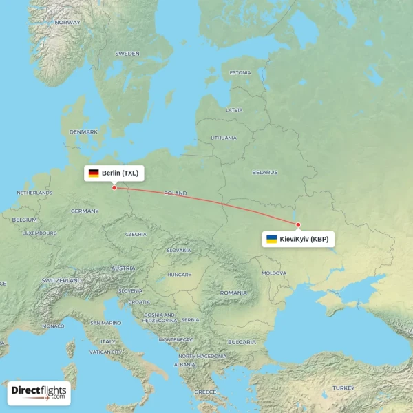 Kiev/Kyiv - Berlin direct flight map