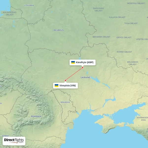 Kiev/Kyiv - Vinnytsia direct flight map