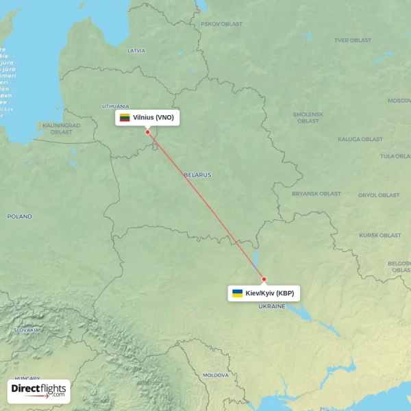 Kiev/Kyiv - Vilnius direct flight map