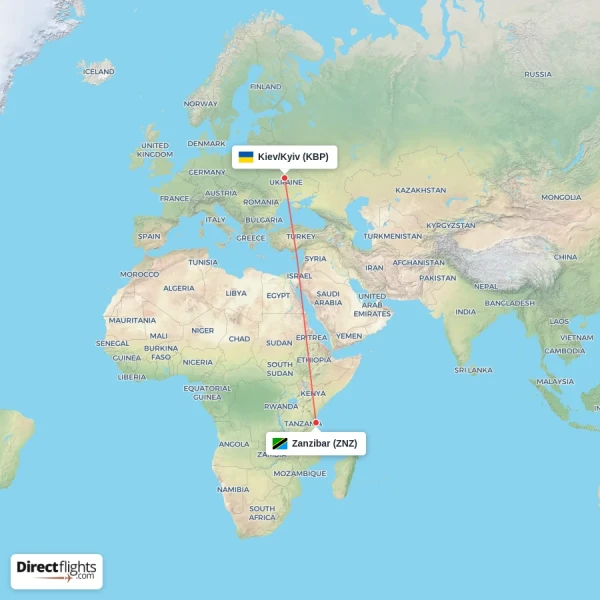 Kiev/Kyiv - Zanzibar direct flight map