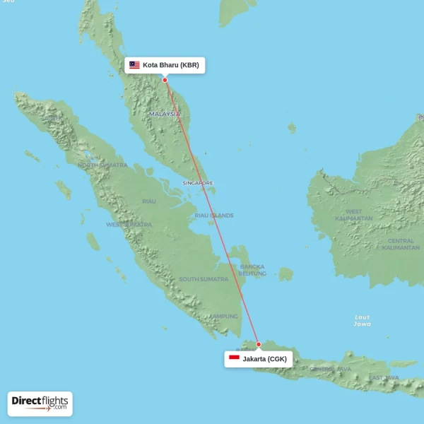 Kota Bharu - Jakarta direct flight map