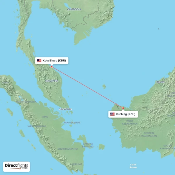 Kota Bharu - Kuching direct flight map