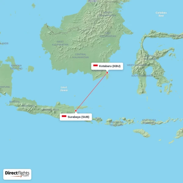 Kotabaru - Surabaya direct flight map