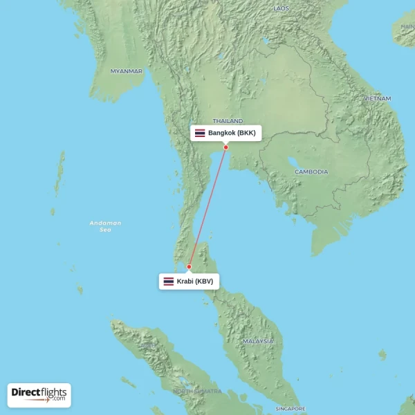 Krabi - Bangkok direct flight map