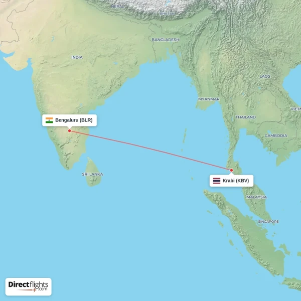 Krabi - Bengaluru direct flight map