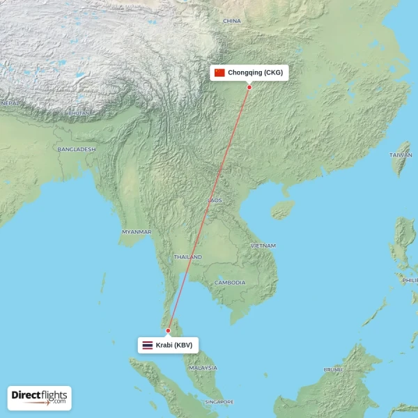 Krabi - Chongqing direct flight map