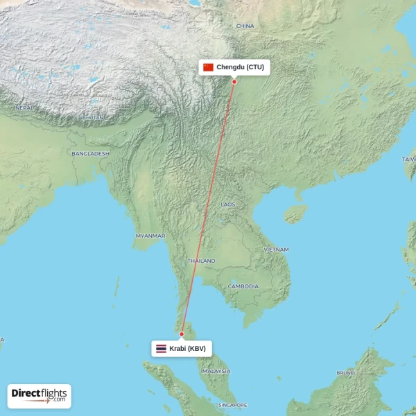 Krabi - Chengdu direct flight map