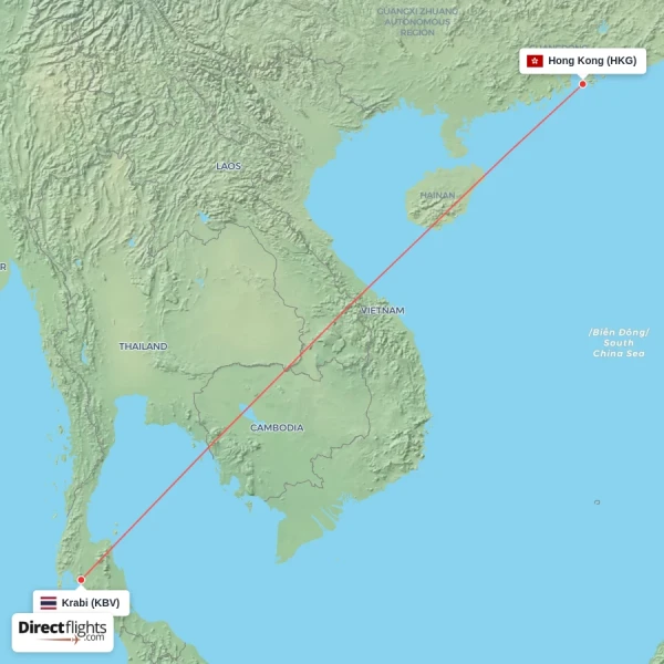 Krabi - Hong Kong direct flight map