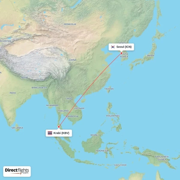 Krabi - Seoul direct flight map