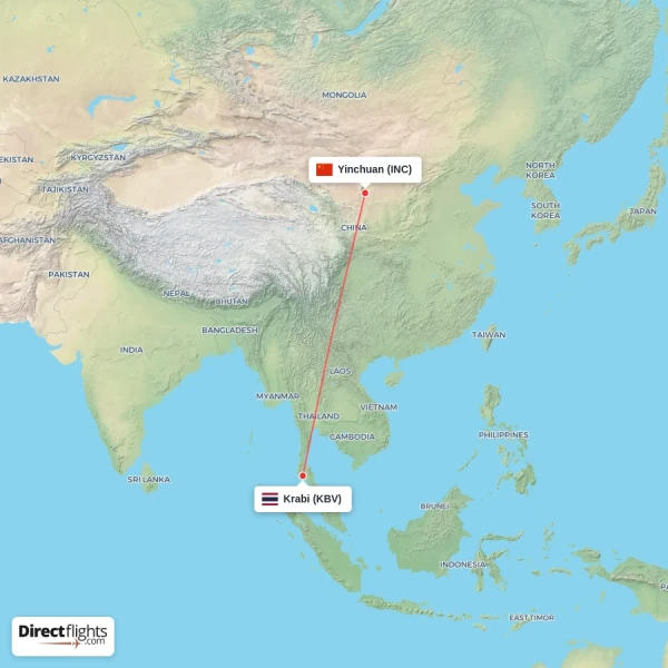 Krabi - Yinchuan direct flight map