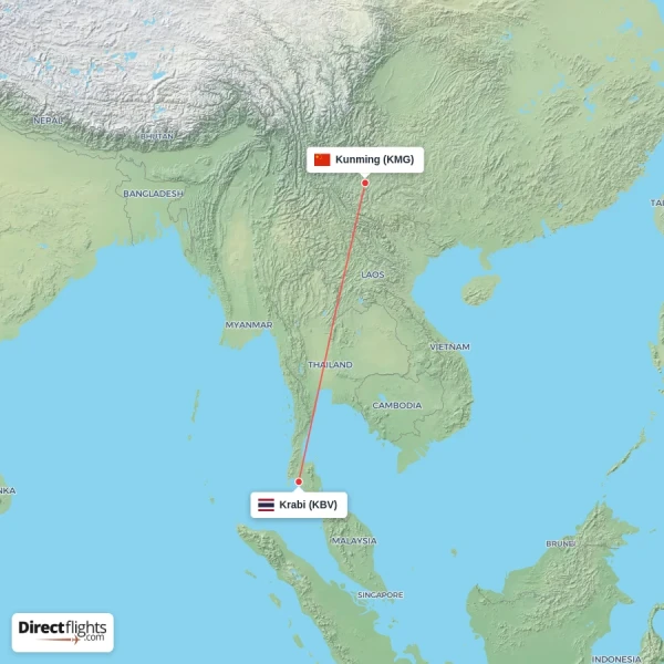 Krabi - Kunming direct flight map