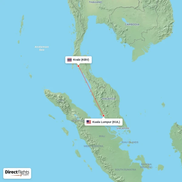 Krabi - Kuala Lumpur direct flight map