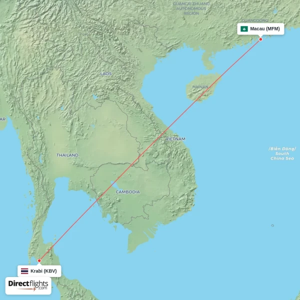 Krabi - Macau direct flight map