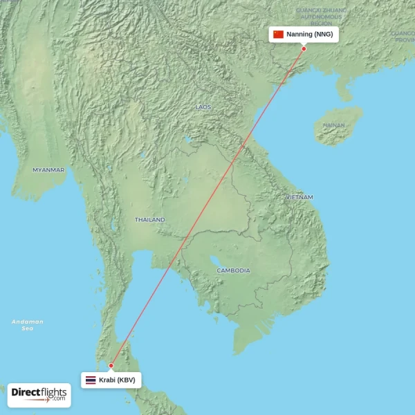Krabi - Nanning direct flight map