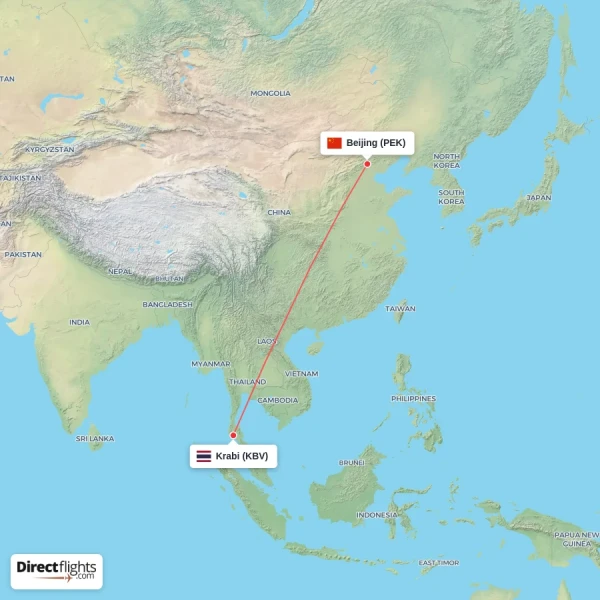 Krabi - Beijing direct flight map