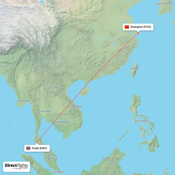 Krabi - Shanghai direct flight map