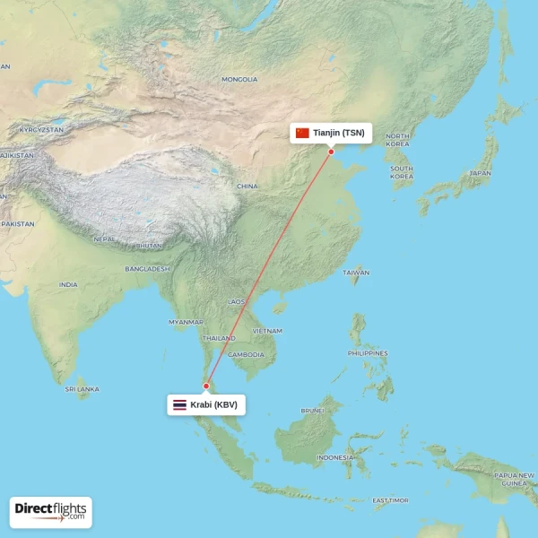 Krabi - Tianjin direct flight map