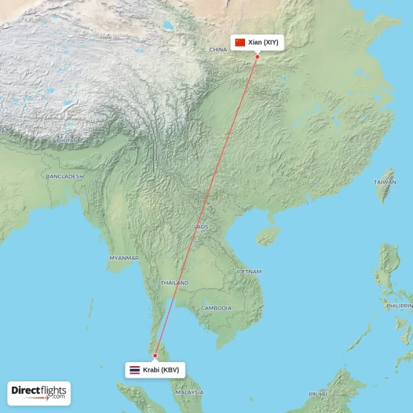 Krabi - Xian direct flight map
