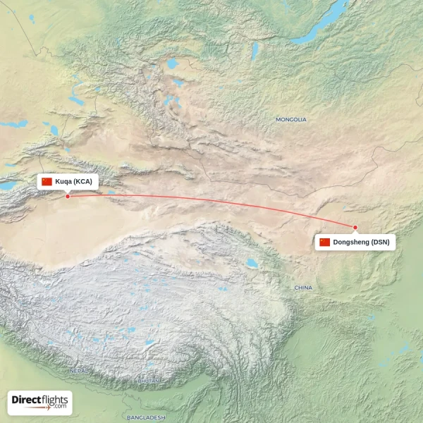 Kuqa - Dongsheng direct flight map