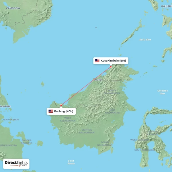 Kuching - Kota Kinabalu direct flight map