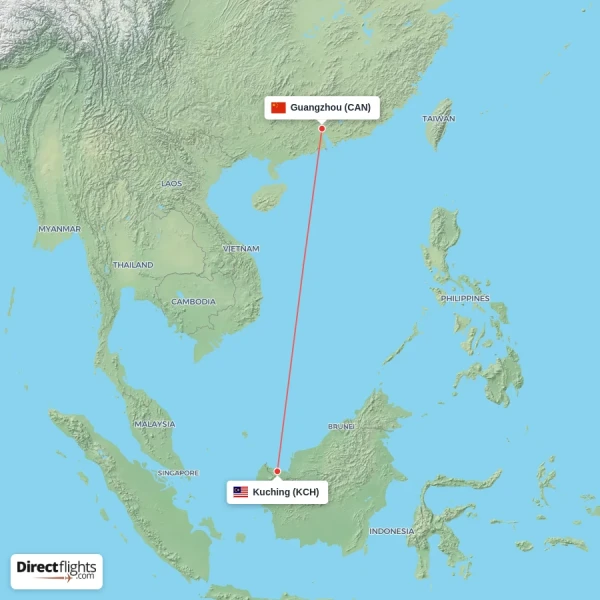 Kuching - Guangzhou direct flight map