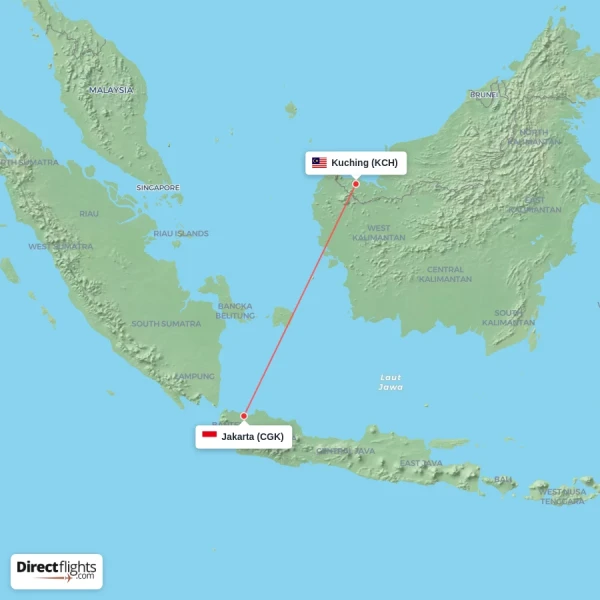 Kuching - Jakarta direct flight map