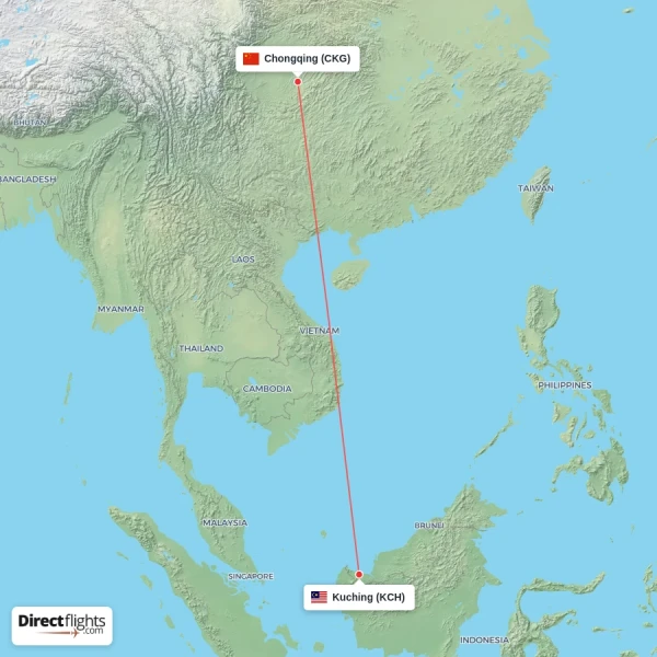 Kuching - Chongqing direct flight map