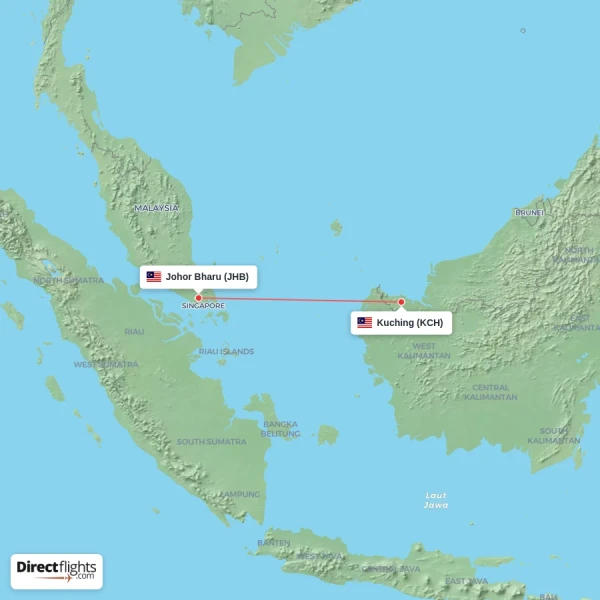 Kuching - Johor Bharu direct flight map