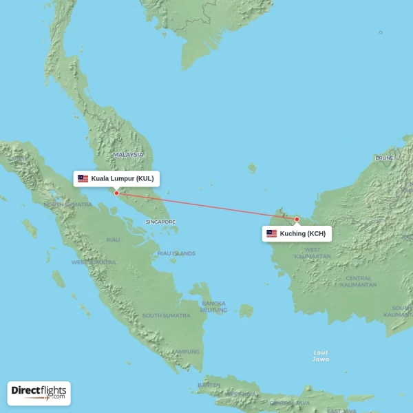 Kuching - Kuala Lumpur direct flight map