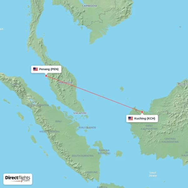 Kuching - Penang direct flight map
