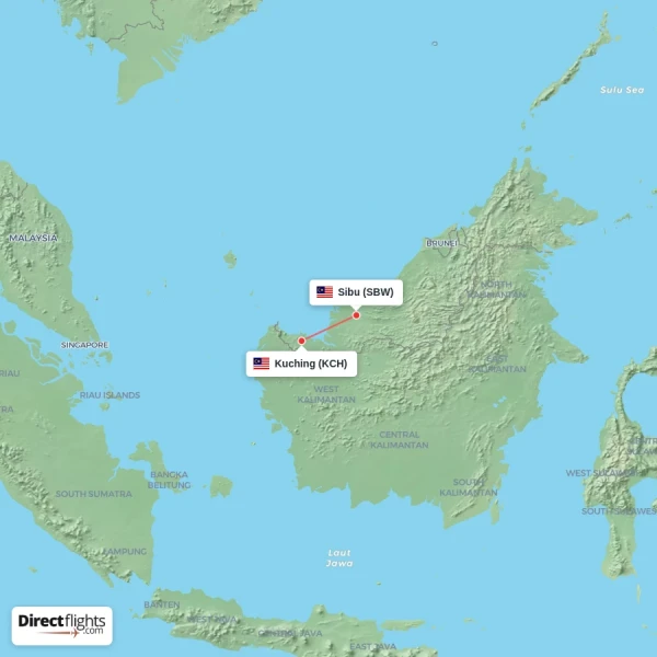 Kuching - Sibu direct flight map