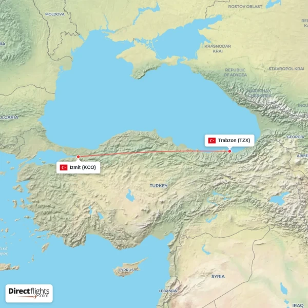 Izmit - Trabzon direct flight map