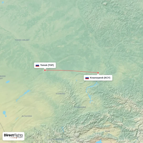 Krasnoyarsk - Tomsk direct flight map