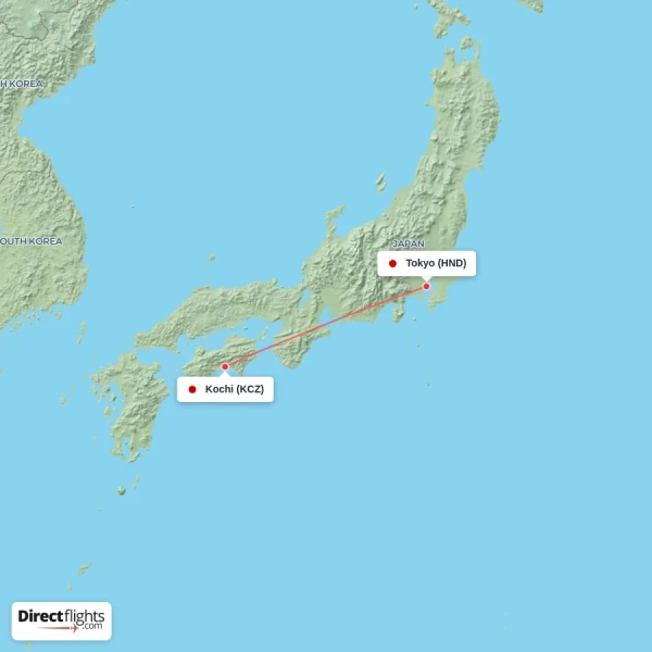 Kochi - Tokyo direct flight map