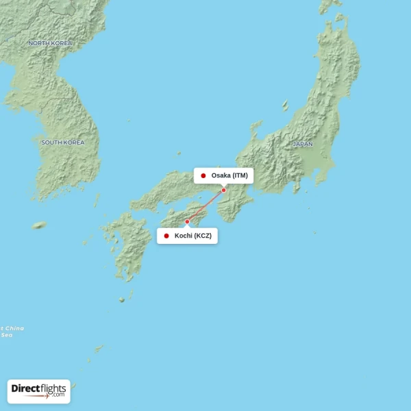 Kochi - Osaka direct flight map