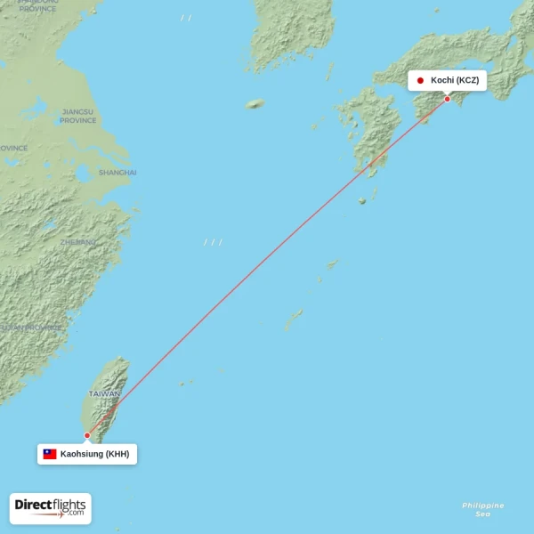 Kochi - Kaohsiung direct flight map
