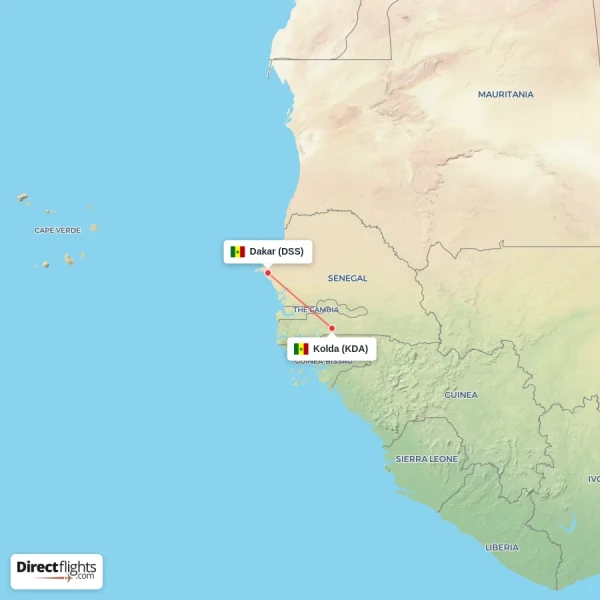 Kolda - Dakar direct flight map