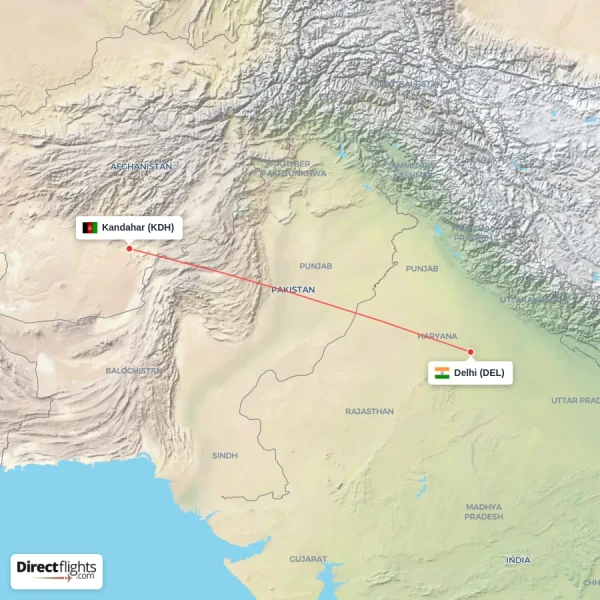 Kandahar - Delhi direct flight map