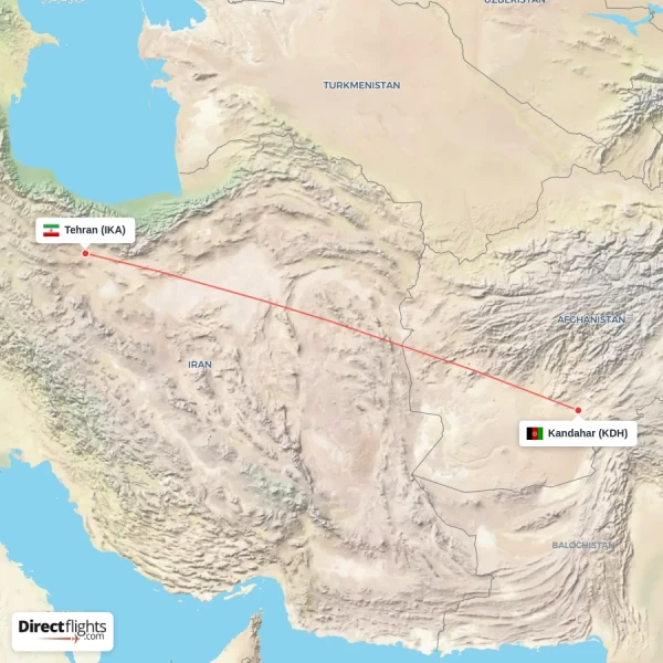 Kandahar - Tehran direct flight map