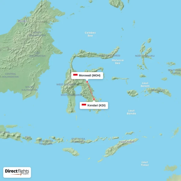 Kendari - Morowali direct flight map