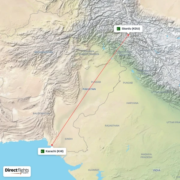 Skardu - Karachi direct flight map