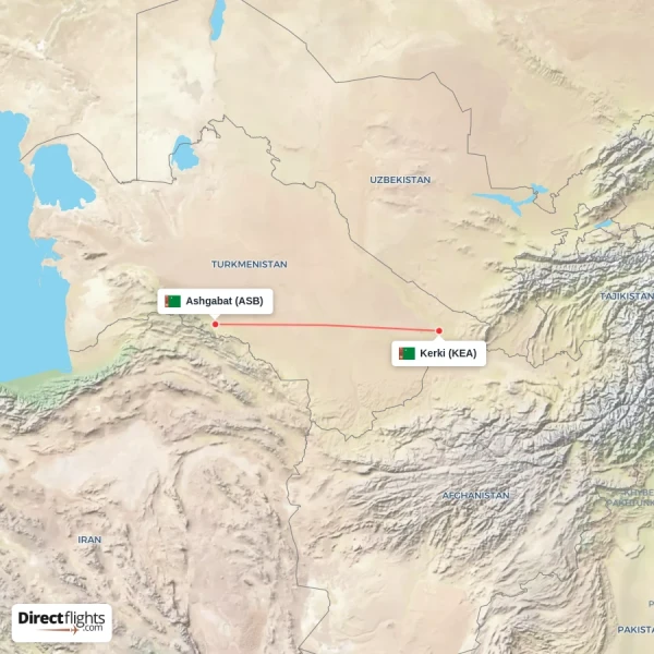 Kerki - Ashgabat direct flight map