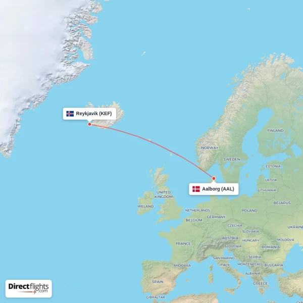 Reykjavik - Aalborg direct flight map