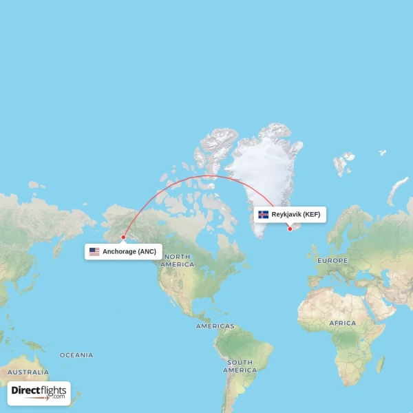 Reykjavik - Anchorage direct flight map