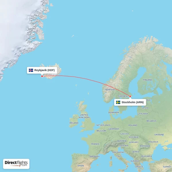 Reykjavik - Stockholm direct flight map