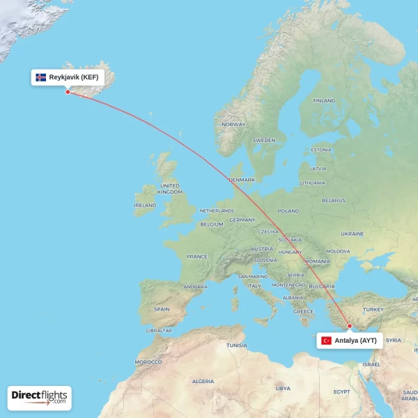 Reykjavik - Antalya direct flight map