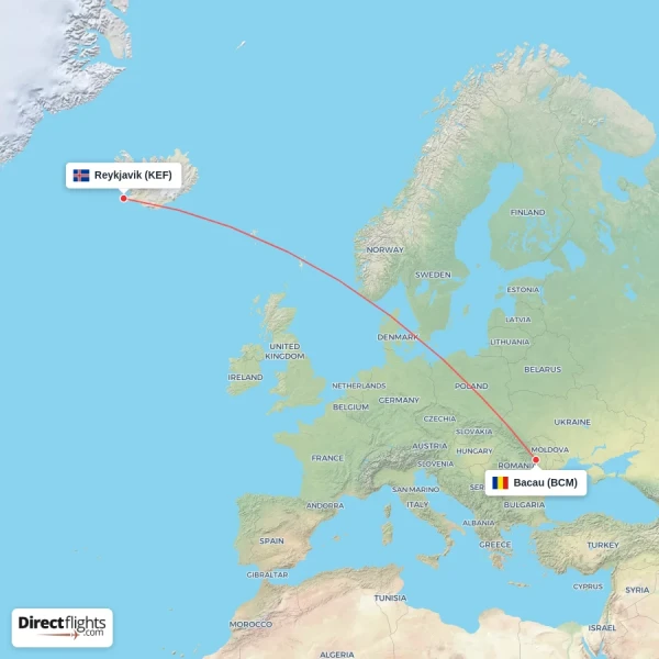 Reykjavik - Bacau direct flight map