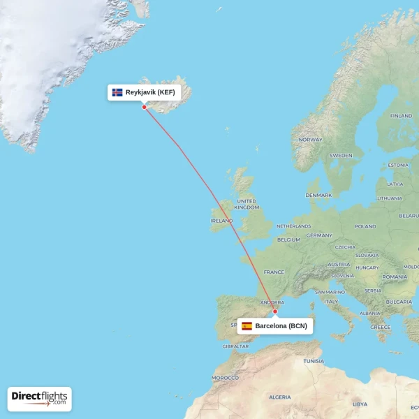 Reykjavik - Barcelona direct flight map