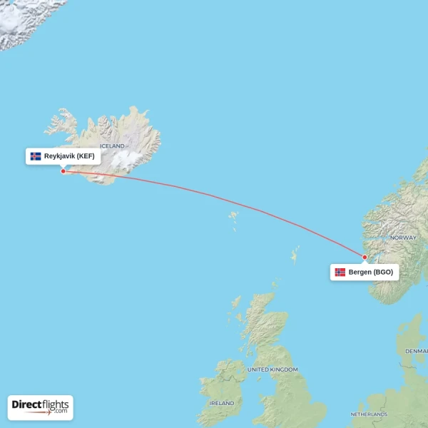 Reykjavik - Bergen direct flight map