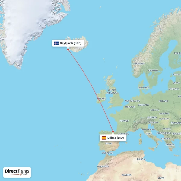 Reykjavik - Bilbao direct flight map